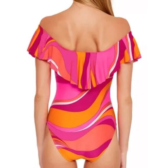 Trina Turk Vivid Vista Ruffle Bandeau One Piece Swim Suit 12 NWOT - Picture 2 of 3